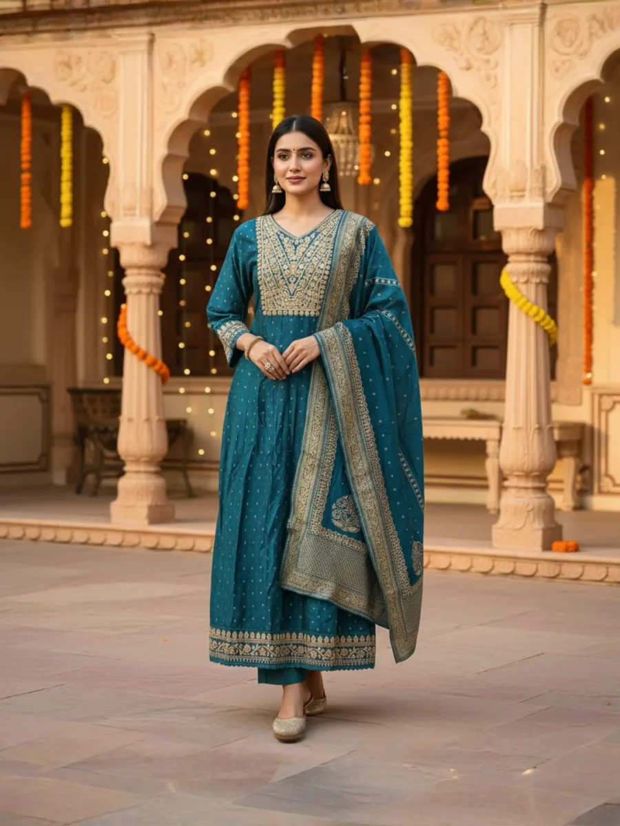 Zareen Teal Heritage Embroidered Suit Set